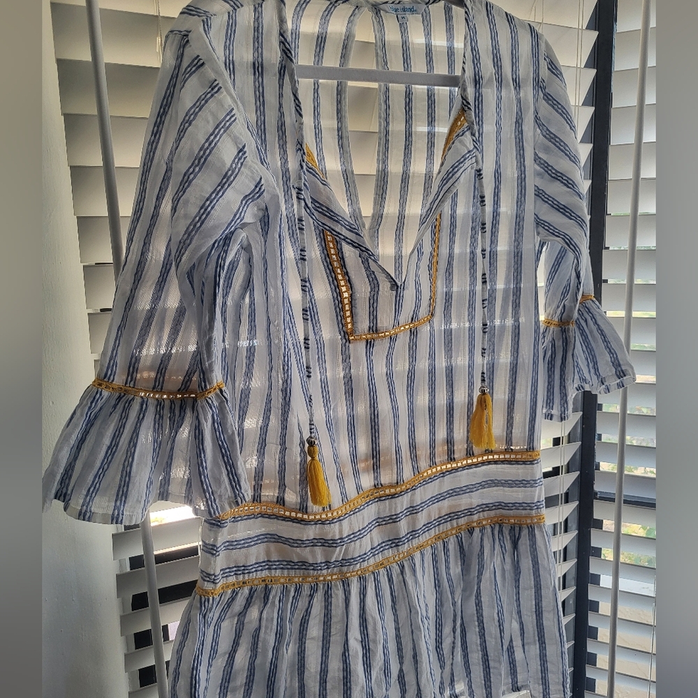 Super Cute Beach Cover Up Dress. Striped Blue & White Dress with Yellow Accents